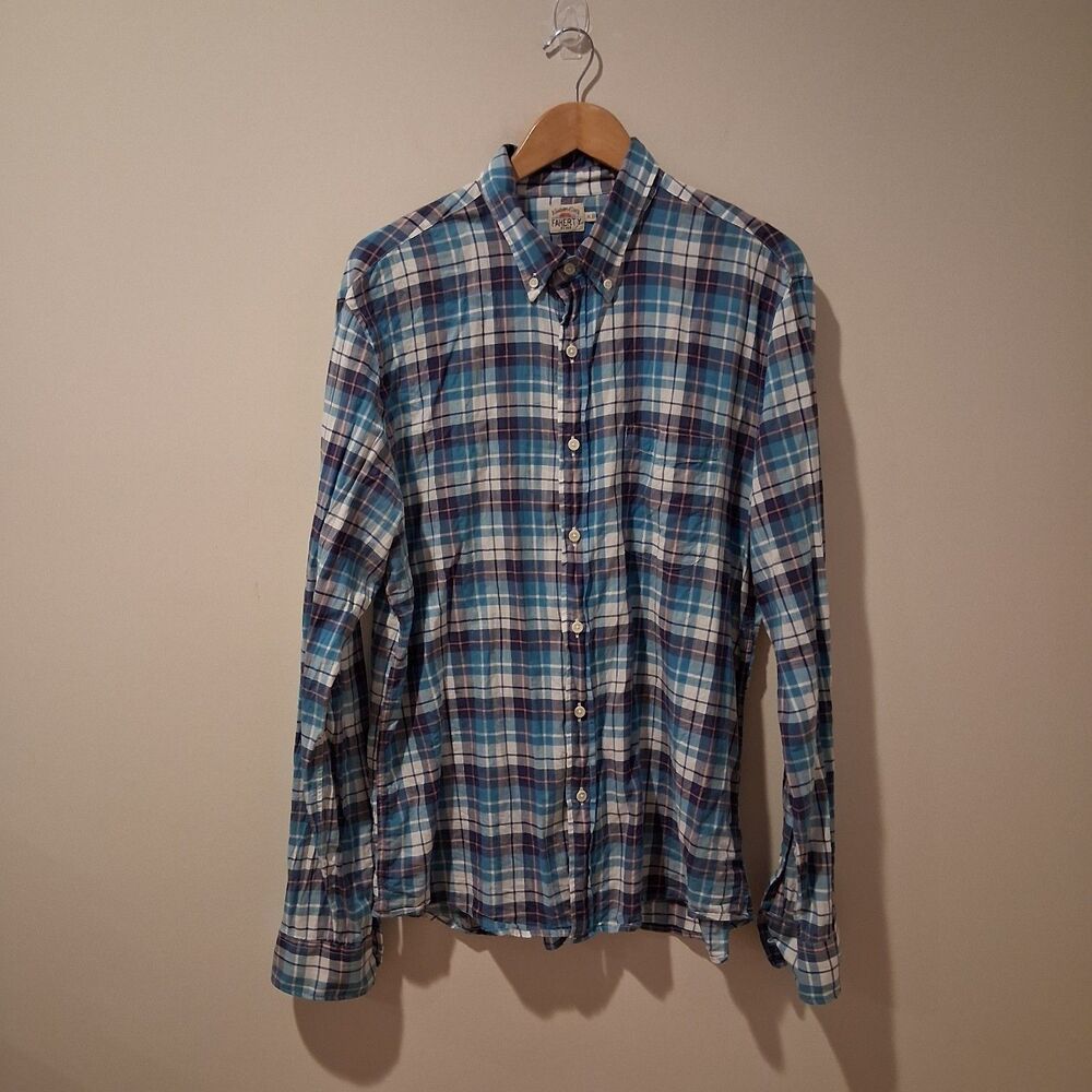 Faherty Shirt Mens XL Plaid Button Up Long Sleeve Organic Cotton Casual Slim Fit